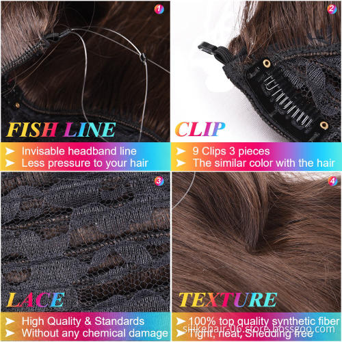 18"Synthetic Long wavy Curly Fish Line  Hair Extensions Heat Resistant Light Brown Gray Blond Thick Women Hair Extension Hairpie